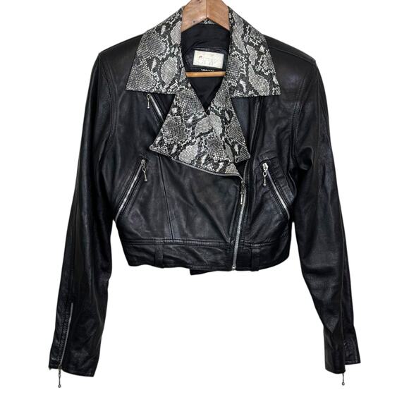 Vintage Cache Black Moto Jacket with Snakeskin Collar Motorcycle Biker y2k - Picture 2 of 7